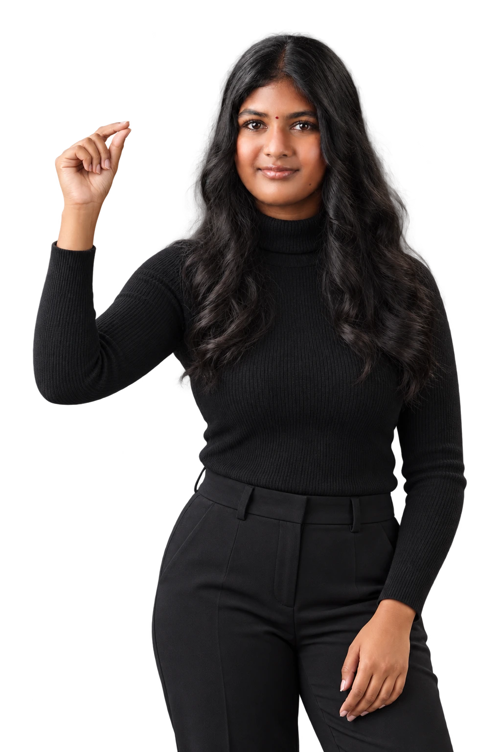Aanya with one hand raised, holding the end of the thread